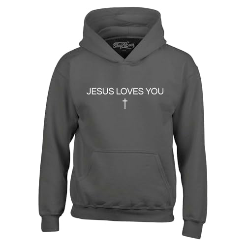 shop4ever Jesus Loves You Minimal Cross Hoodie Sweatshirts - color: Charcoal, size: X-Large