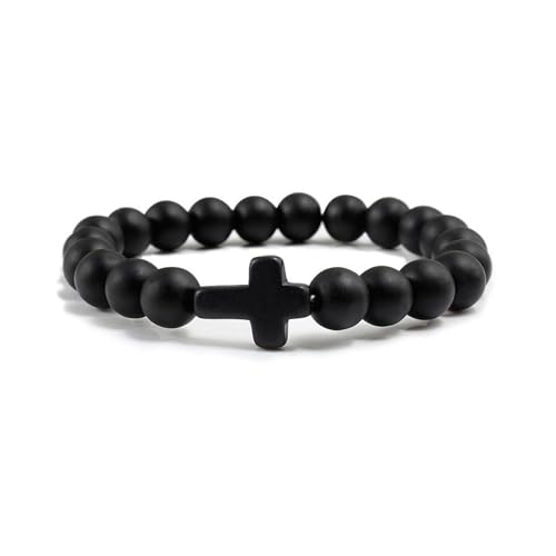 FORUBUS Lava Rock Stone Beaded Bracelet, Cross Charm Natural Volcanic Stone beads Turquoise Stretch Bracelet for Women Men Religion Jewelry Pray Baptism Gift - color: 1pcs black matt