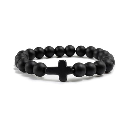 FORUBUS Lava Rock Stone Beaded Bracelet, Cross Charm Natural Volcanic Stone beads Turquoise Stretch Bracelet for Women Men Religion Jewelry Pray Baptism Gift - color: 1pcs black matt