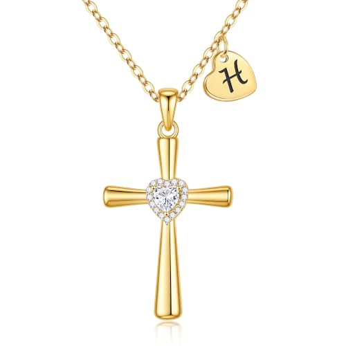 MONOOC Cross Initial Necklace for Women Girls - Christian Birthday Gifts - color: H