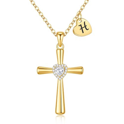 MONOOC Cross Initial Necklace for Women Girls - Christian Birthday Gifts - color: H