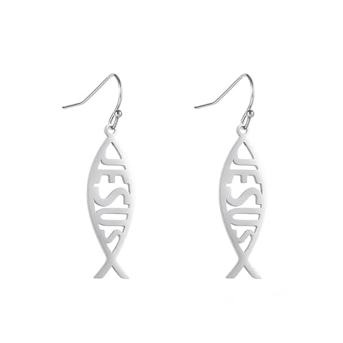 Ichthus Fish Dangle Earrings Ichthus Cross Earrings Christian Jesus Fish Earrings Religious Jewelry Christian Symbols Accessories Gift for Women - color: Ichthus silver