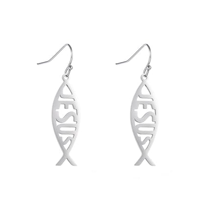 Ichthus Fish Dangle Earrings Ichthus Cross Earrings Christian Jesus Fish Earrings Religious Jewelry Christian Symbols Accessories Gift for Women - color: Ichthus silver