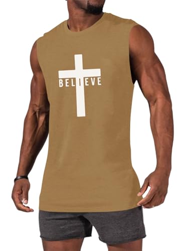 Men's Cotton Graphic Tank Tops Jesus Cross Believe Printed Faith Christian Shirts - color: #Khaki, size: Small