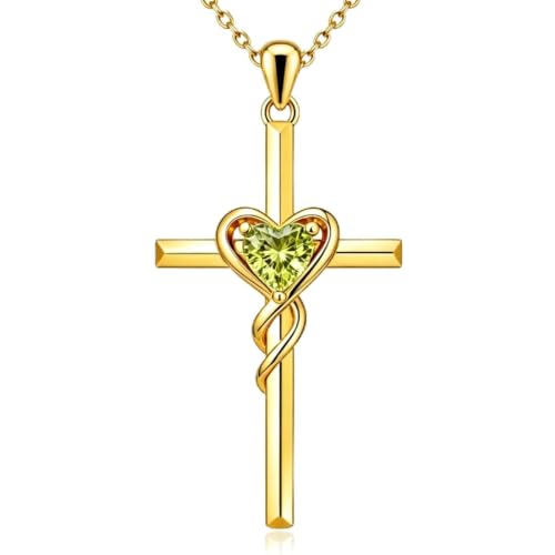 Birthstone Cross Necklace for Women 14K Gold Plated Heart Infinity Cross Pendant Necklace Christian Religious Jewelry Anniversary Birthday Gifts for Wife Mom Her - color: Aug/Peridot