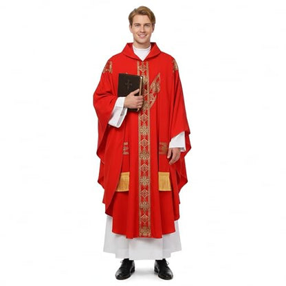 FAD-4U Church Catholic Priest Chasubles Vestments for Church Mass Vestments Robe with Stole - color: Red&gold