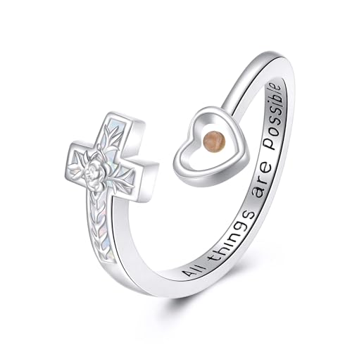 Mustard Seed Cross Ring 925 Sterling Silver Opal/Blue Opal Jewelry Faith Adjustable Ring Gifts for Women Lover - style: Opal Mustard Seed