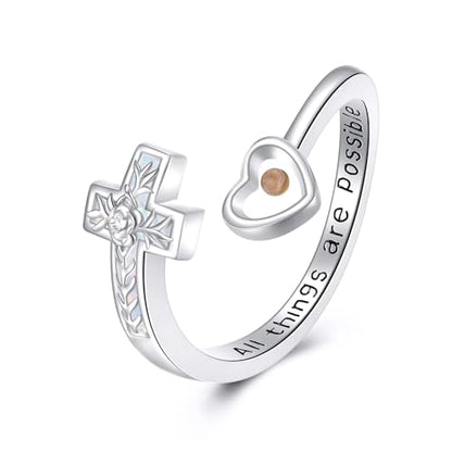 Mustard Seed Cross Ring 925 Sterling Silver Opal/Blue Opal Jewelry Faith Adjustable Ring Gifts for Women Lover - style: Opal Mustard Seed