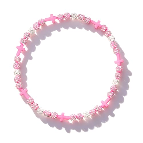 Baseball Bead Cross Necklace for Boys Kids, Elastic Rhinestone Bling Necklace Drip Gifts for Teens Players - color: Pink Cross/Pink/White