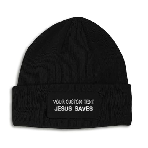 Custom Patch Beanie Jesus Saves Black Style Christ Christian Skull Cap Hats for Men & Women One Size - color: Black Personalized Text Here