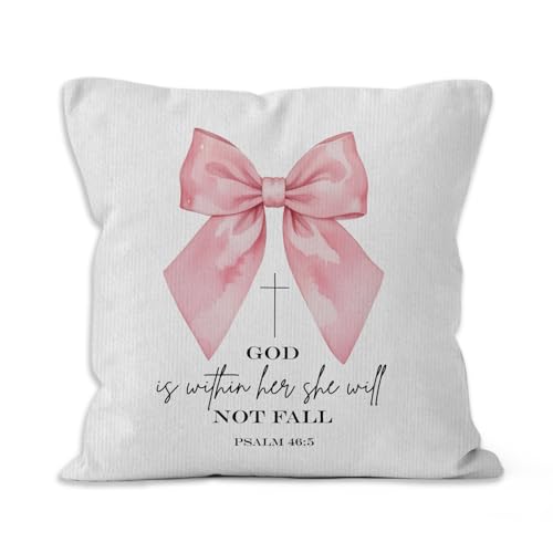 Coquette Pink Bow Christian Throw Pillow Covers 18x18, God Is Within Her She Will Not Fall Bible Verse Decorative Pillow Covers for Girls Room Bedroom Dorm, Preppy Accent Pillows Cover Pillowcases - color: Pink Bow