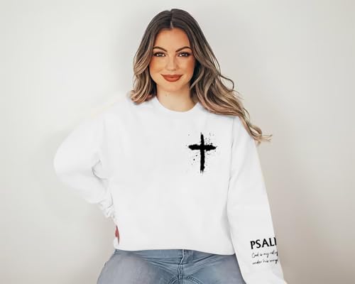 MOUSYA Women Christian Sweatshirt Psalms 91 Sleeve Print Sweatshirt Bible Verse Pullover - color: White, size: XX-Large