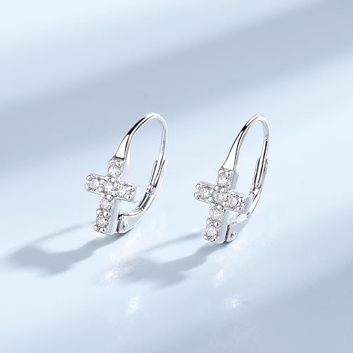 Sterling Silver & White Gold Plated Cross Earrings with Crystals for Women - style: 18k White Gold Plated Crystal Cross