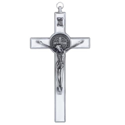 KOMI 7.5" Metal Crucifix Wall Cross with White Enamel Catholic Jesus Cross - color: White-Silver