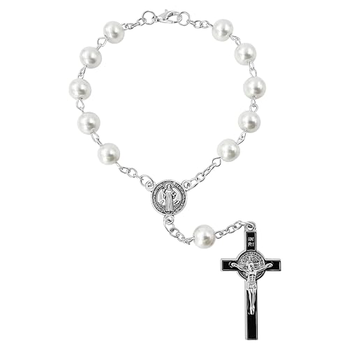 TALISMAN4U St Benedict One Decade Catholic Rosary for Car Rearview Mirror - color: White Car Rosary