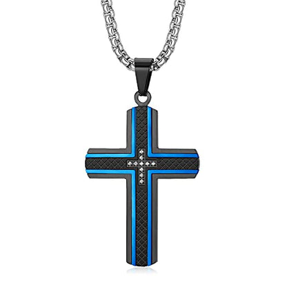 Holizaly Men's Cross Necklace 316L Stainless Steel Pendant White/Gold/Black/Blue Rolo Chain-Gift Box Included - color: Blue black-C