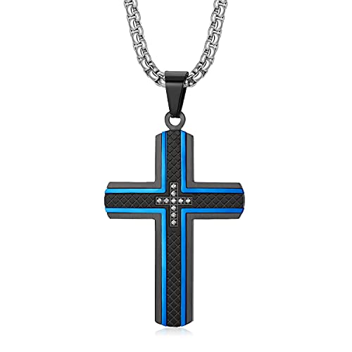Holizaly Men's Cross Necklace 316L Stainless Steel Pendant White/Gold/Black/Blue Rolo Chain-Gift Box Included - color: Blue black-C
