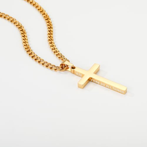 Gnamy Cross Necklace for Men Boys Stainless Steel Bible Verse Cross Pendant with Cuban Link Chain (22+2 Inches) | Christian Religious Jewelry Gifts - color: Gold, style: PHILIPPIANS 4:13
