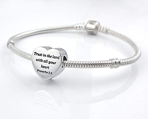 Heart Charm Fit Pandora Charms Bracelet Christian Bible Verse Charm Prayer Faith Religious Charms Gifts for Women - style: Trust in the lard with all your heart Proverbs 3:5