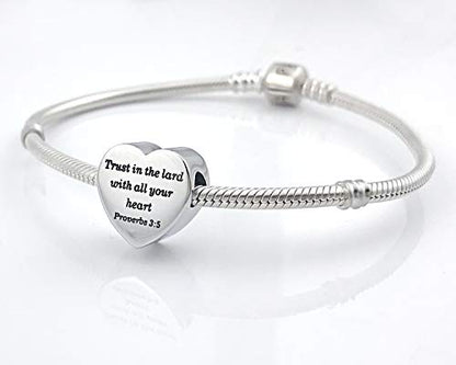 Heart Charm Fit Pandora Charms Bracelet Christian Bible Verse Charm Prayer Faith Religious Charms Gifts for Women - style: Trust in the lard with all your heart Proverbs 3:5