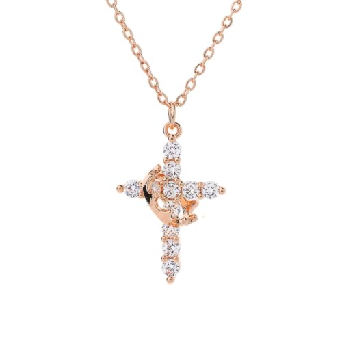 Upgraded Crown Cross Necklace for Women, CZ Pendant 18+2 - color: rose gold
