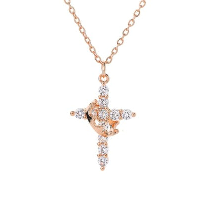Upgraded Crown Cross Necklace for Women, CZ Pendant 18+2 - color: rose gold