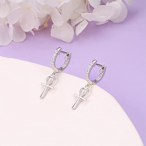 S925 Sterling Silver Ankh Cross Huggie Hoop Dangle Drop Earrings