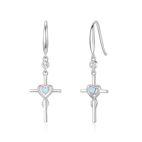 FANCIME Gift for Women Cross Dangle Drop Earrings 925 Sterling Silver Heart Birthstone Earring Fine Jewelry Birthday Gifts for Her Women - color: 10-Opal