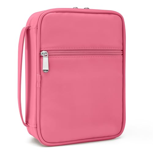 Small Bible Cover Case for Women and Men, 9x6 PU Leather Bible Sleeve, Compact Travel Bible Carrier Bag with Front Pen Holders, Zipper Closure, Inner Pockets - Hot Pink - color: Hot Pink, size: 9''x6.5''