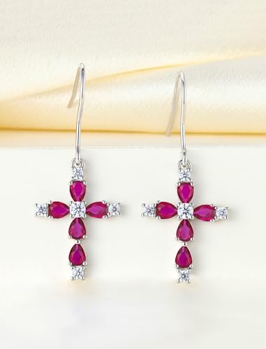 YL 925 Sterling Silver Cross Dangle Earrings Halo Birthstone Hook Earrings Religious Jewelry for Women - color: 7-ruby-Jul