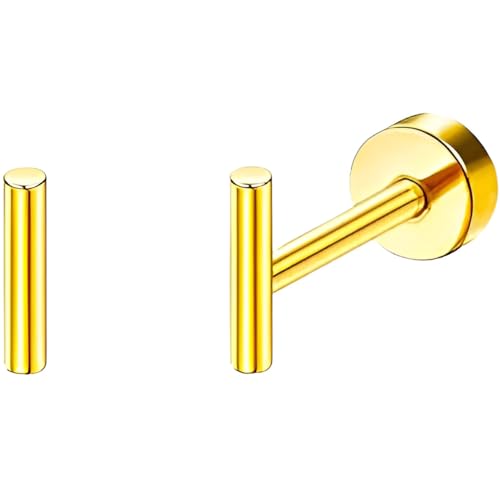 Stainless Steel Stud Earring 1 Pair Gold Small Flatback Earrings Helix Hypoallergenic Flat Back Jewellery Dainty Screwback Tiny Jewelry for Sensitive Ears Women Ladies Aretes De Mujer - style: Cylinder