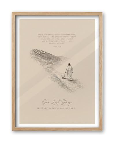 iHery 12x16in Luke 15:4 Jesus Leaves the 99 Framed Christian Wall Art - color: OAK Framed 99 Sheep, size: 16"L x 12"W