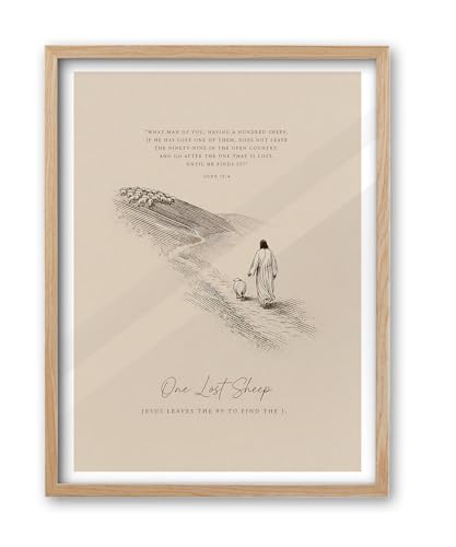 iHery 12x16in Luke 15:4 Jesus Leaves the 99 Framed Christian Wall Art - color: OAK Framed 99 Sheep, size: 16"L x 12"W