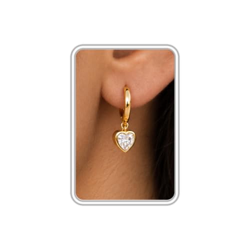 Dangle Earrings for Women, Dainty Huggie Hoop Dangle Earrings - color: CZ Heart 01 Dangle Gold