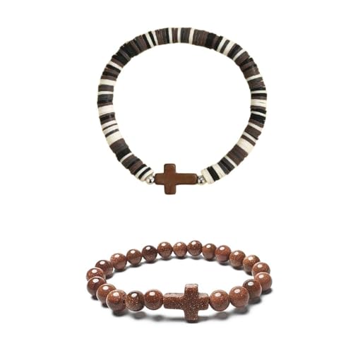Colorful Handmade Cross Beaded Bracelet for Women Qute Religious Stone Clay Beaded Bracelet for Christian Inspirational Easter Chrismas Thanksgiving Gifts Jewelry - color: Brown