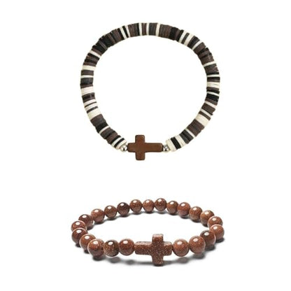 Colorful Handmade Cross Beaded Bracelet for Women Qute Religious Stone Clay Beaded Bracelet for Christian Inspirational Easter Chrismas Thanksgiving Gifts Jewelry - color: Brown