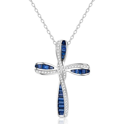 EVER FAITH S925 Silver Princess Cut CZ Infinity Twisted Cross Necklace - color: Blue