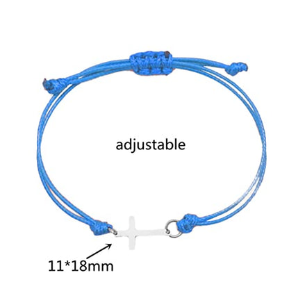 COLORFUL BLING Gold Silver Stainless Steel Sideways Cross Bracelet Adjustable Braided String Faith Hope Blessed Woven Rope Wrist Cuff for Men Women Protection Amulet Jewelry - color: silver blue