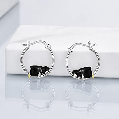 Fox/Pig/Mushroom/Cat Earrings Sterling Silver Cute Hoop Earrings Animal Jewelry Gifts for Women Daughter - style: Penguin