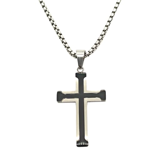 Cross Necklace for Men, Stainless Steel Black/Silver Cross Pendant Religious Necklace Christian Jewelry Chain 60 cm/23.6 inches - color: Silver & Black