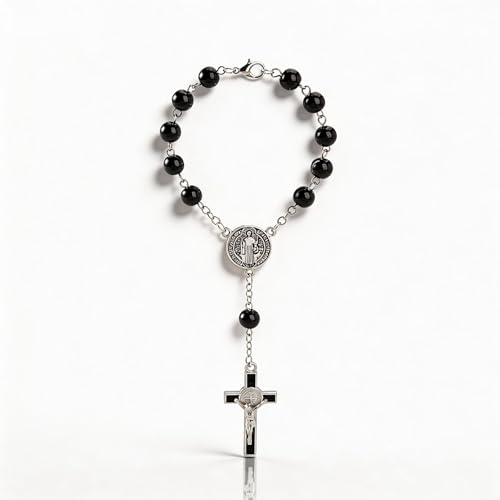 Steering Wheel Rosary Charm Accessory, Virgin Mary Cross Pendant, Steering Wheel Chain, Rearview Mirror Hanging Ornament, Car Rosary for Automotive Protection Charm Decor (Black) - color: Black