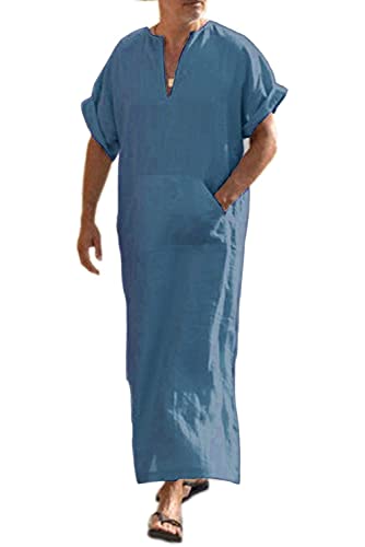 COOFANDY Men's V-Neck Linen Robe Short Sleeve Kaftan Thobe Long Gown Casual Shirt for Beach, Summer - color: Blue, size: X-Large