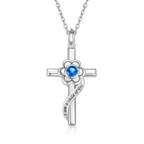 I am a Child of God Necklace - 925 Sterling Silver Birthstone Flower Cross Pendant Religious Jewelry Baptism First Communion Confirmation Gifts for Girls - style: Dec.