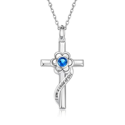 I am a Child of God Necklace - 925 Sterling Silver Birthstone Flower Cross Pendant Religious Jewelry Baptism First Communion Confirmation Gifts for Girls - style: Dec.