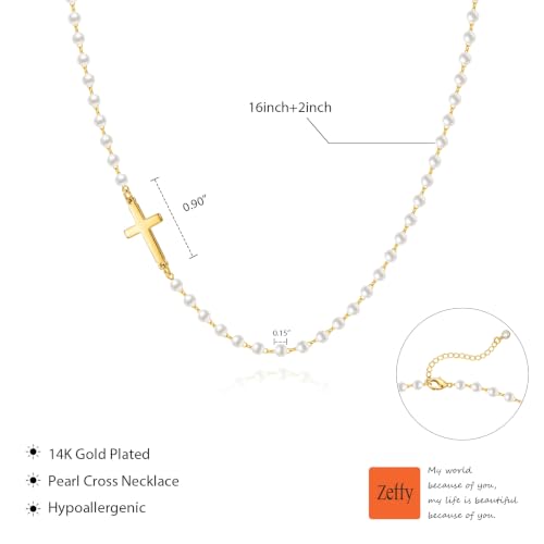 Zeffy Cross Necklace for Women,18K Gold/Silver Plated Tiny Cubic Zirconia Cross Pendant Necklace for Women Simple Layered Cross Necklaces for Women - color: Gold Cross Pearl