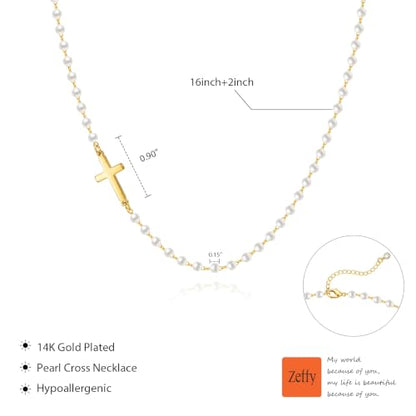 Zeffy Cross Necklace for Women,18K Gold/Silver Plated Tiny Cubic Zirconia Cross Pendant Necklace for Women Simple Layered Cross Necklaces for Women - color: Gold Cross Pearl