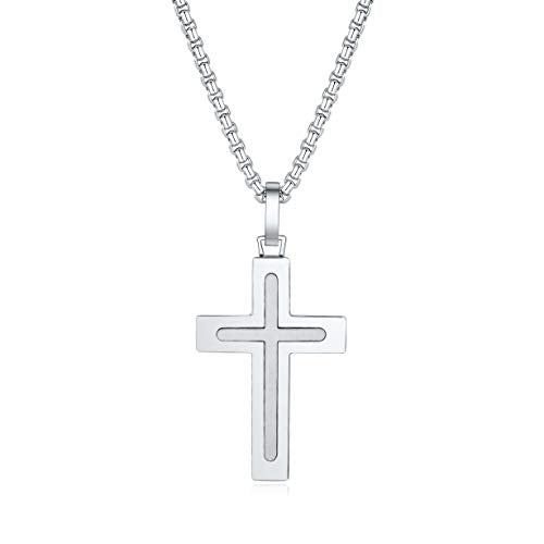 Men's Stainless Steel Cross Necklace,Two-Tone Black & Blue Carbon Fiber Pendant - Included Gift Box - style: Silver XL003
