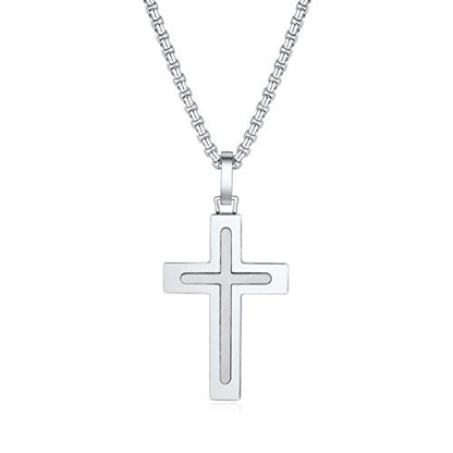 Men's Stainless Steel Cross Necklace,Two-Tone Black & Blue Carbon Fiber Pendant - Included Gift Box - style: Silver XL003