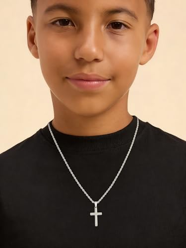 Cross Necklace for Boys Mens Stainless Steel Twisted Rope Chain Cross Pendant Rustproof Necklace for Teen Boy Mens Christian First Communion Confirmation Gifts for Boys - color: Silver