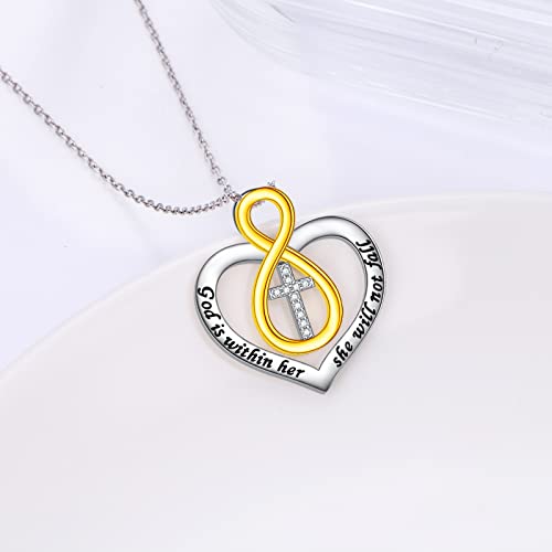 S925 Sterling Silver Christian Cross Heart Faith Bible Verse Necklace Rings - style: God is within her she will not fall -Infinity